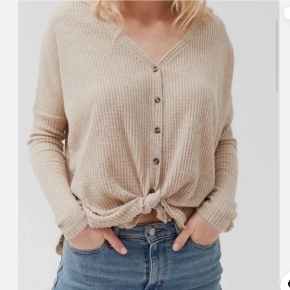 Urban Outfitters Beige Button-Front Knit Tie-Hem Top